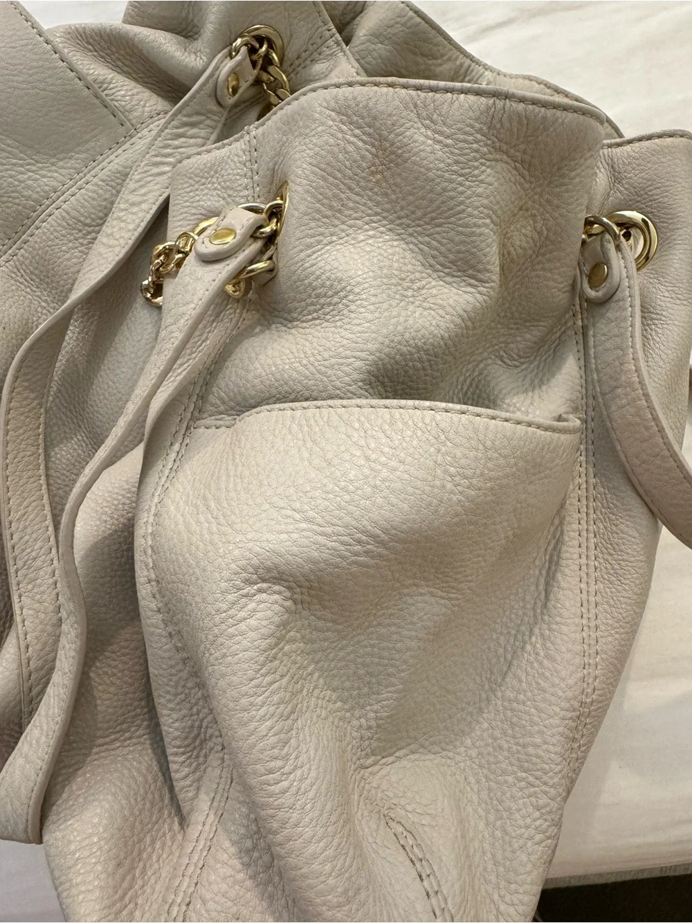 Michael Kors Off-White Pebbled Leather Drawstring Shoulder Bag | Gold Hardware